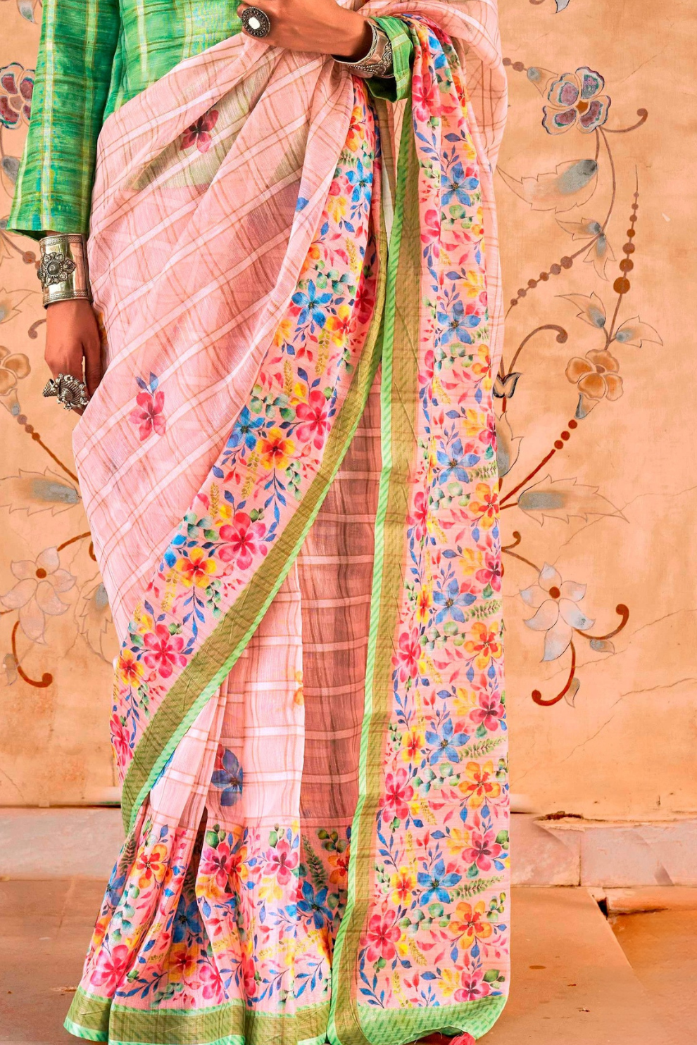 Graceful Linen Kora Saree with Woven Checks & Floral Elegance - LaVante Fashion