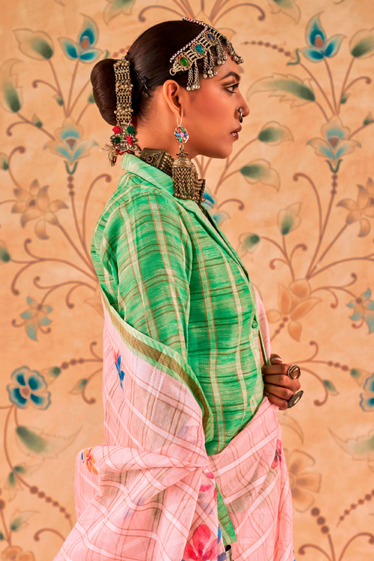 Graceful Linen Kora Saree with Woven Checks & Floral Elegance - LaVante Fashion