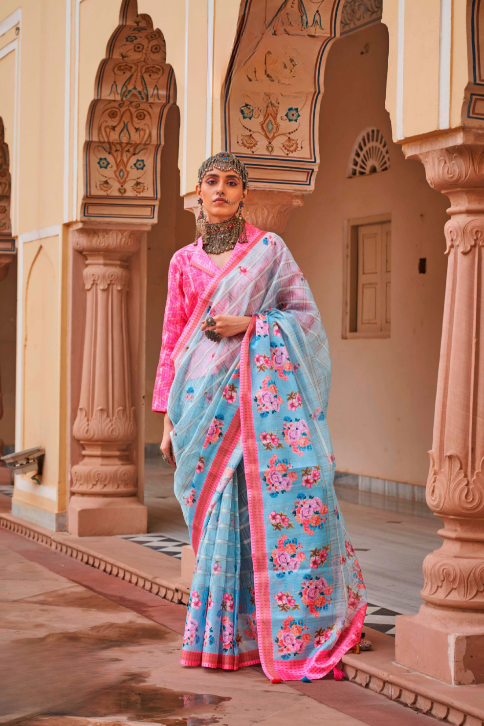 Graceful Linen Kora Saree with Woven Checks & Floral Elegance - LaVante Fashion