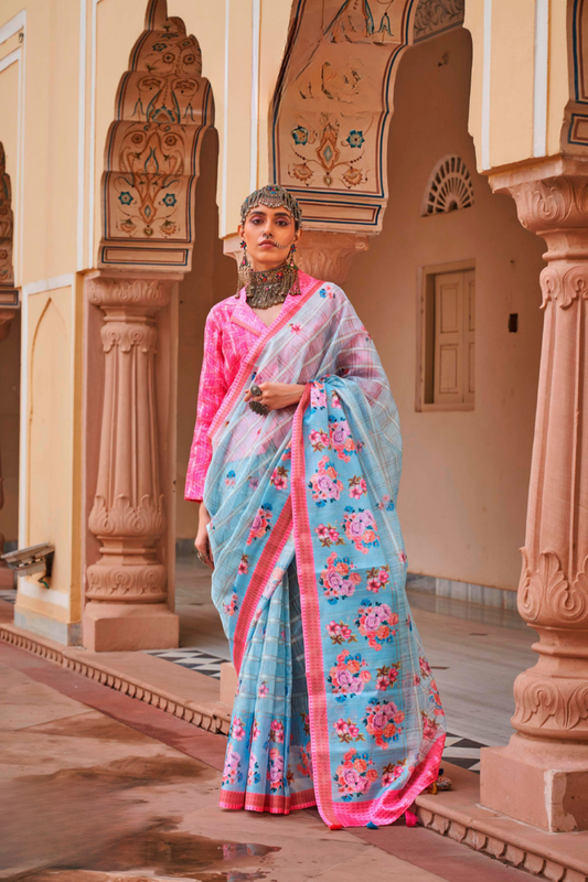 Graceful Linen Kora Saree with Woven Checks & Floral Elegance - LaVante Fashion