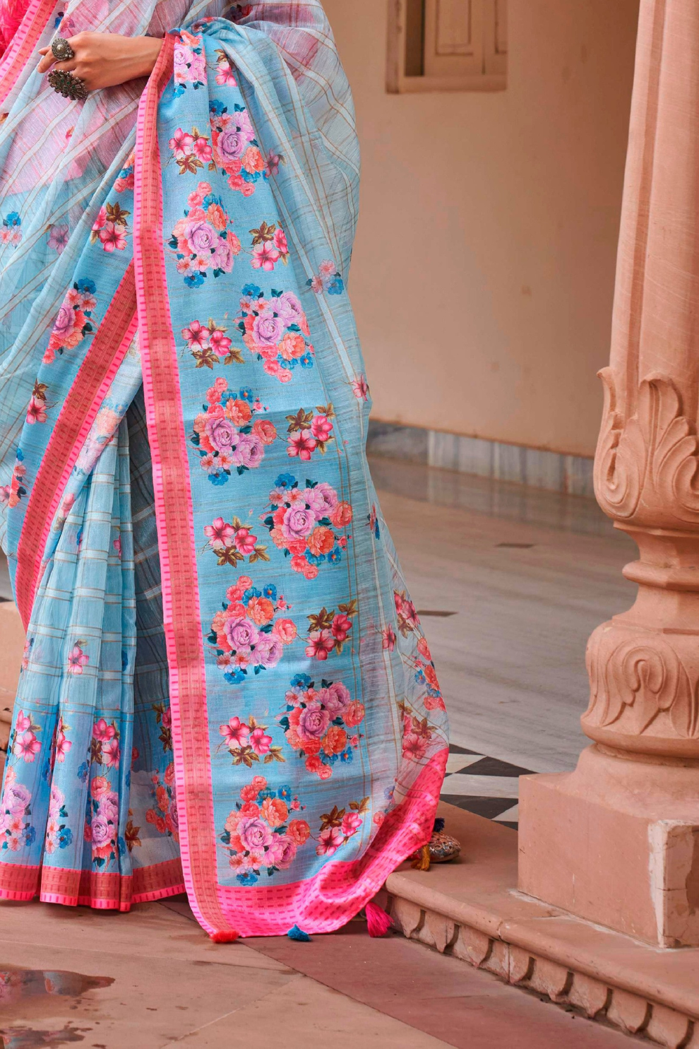 Graceful Linen Kora Saree with Woven Checks & Floral Elegance - LaVante Fashion