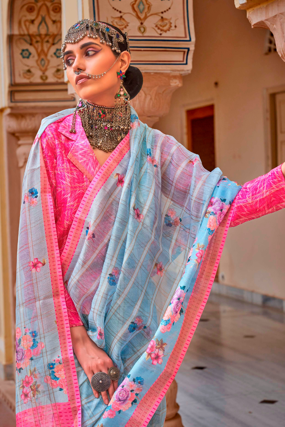 Graceful Linen Kora Saree with Woven Checks & Floral Elegance - LaVante Fashion