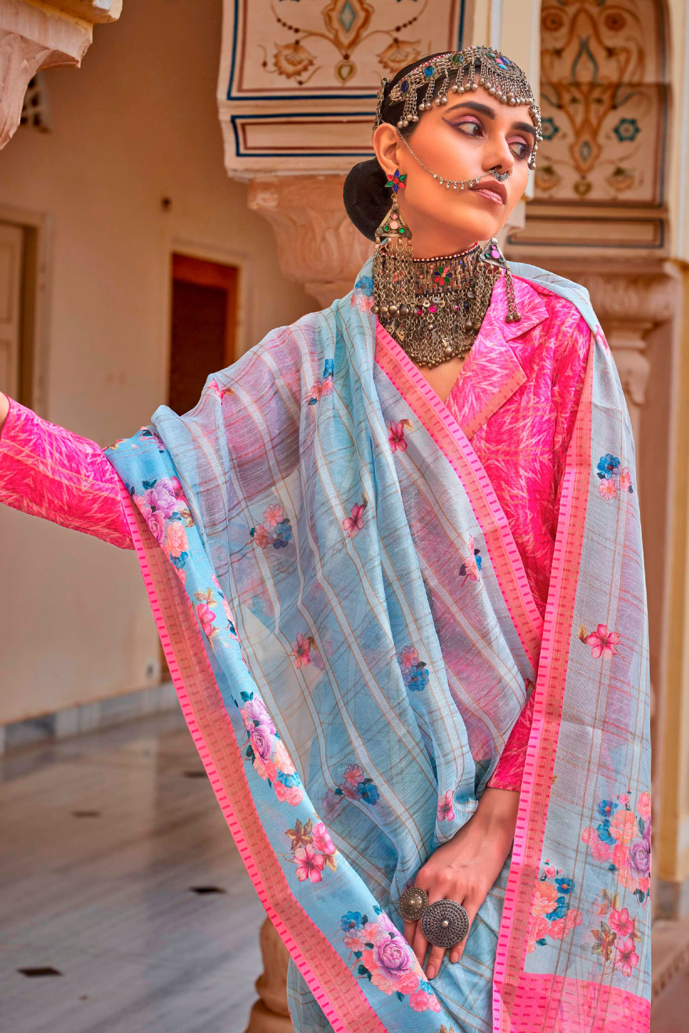 Graceful Linen Kora Saree with Woven Checks & Floral Elegance - LaVante Fashion