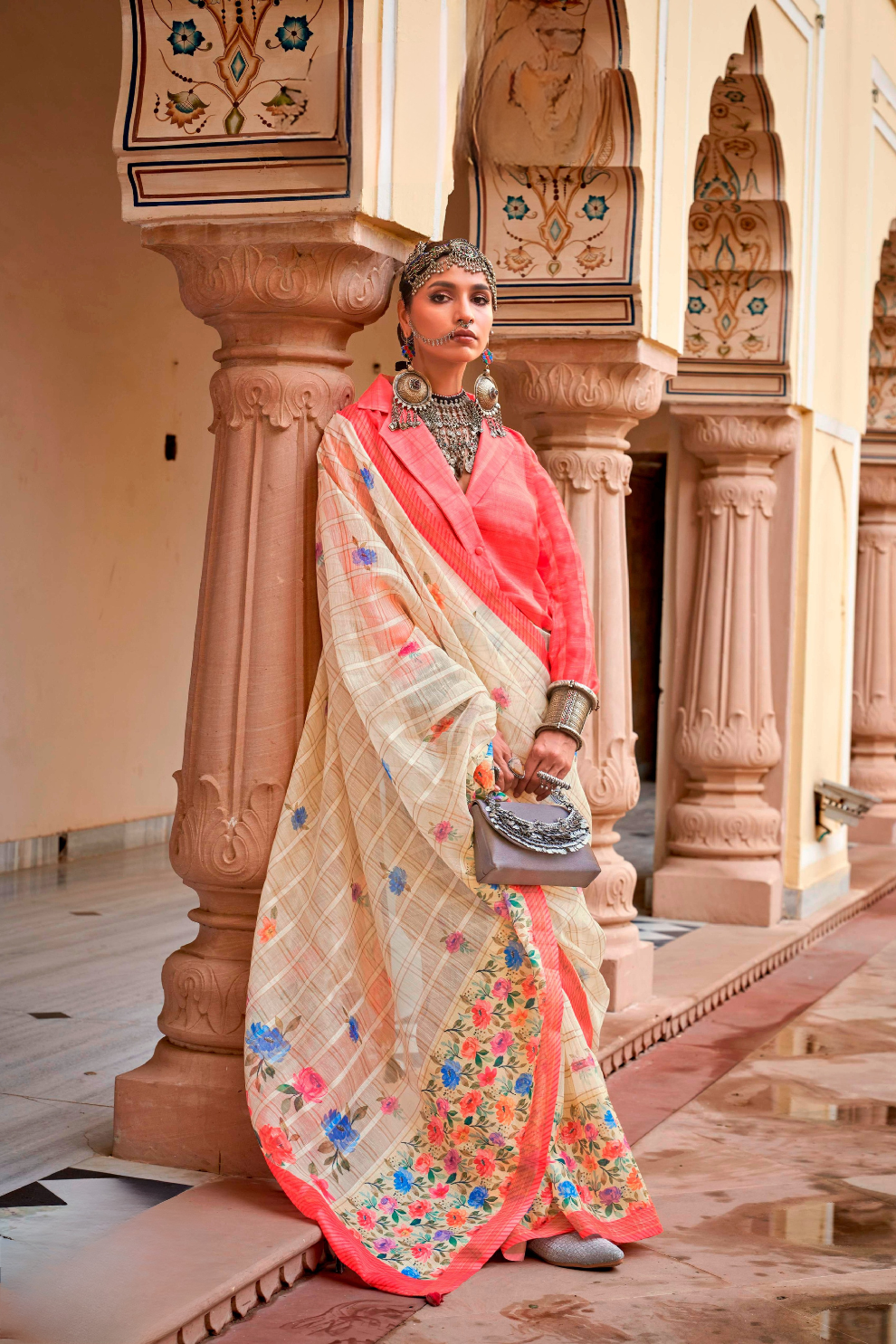 Graceful Linen Kora Saree with Woven Checks & Floral Elegance - LaVante Fashion