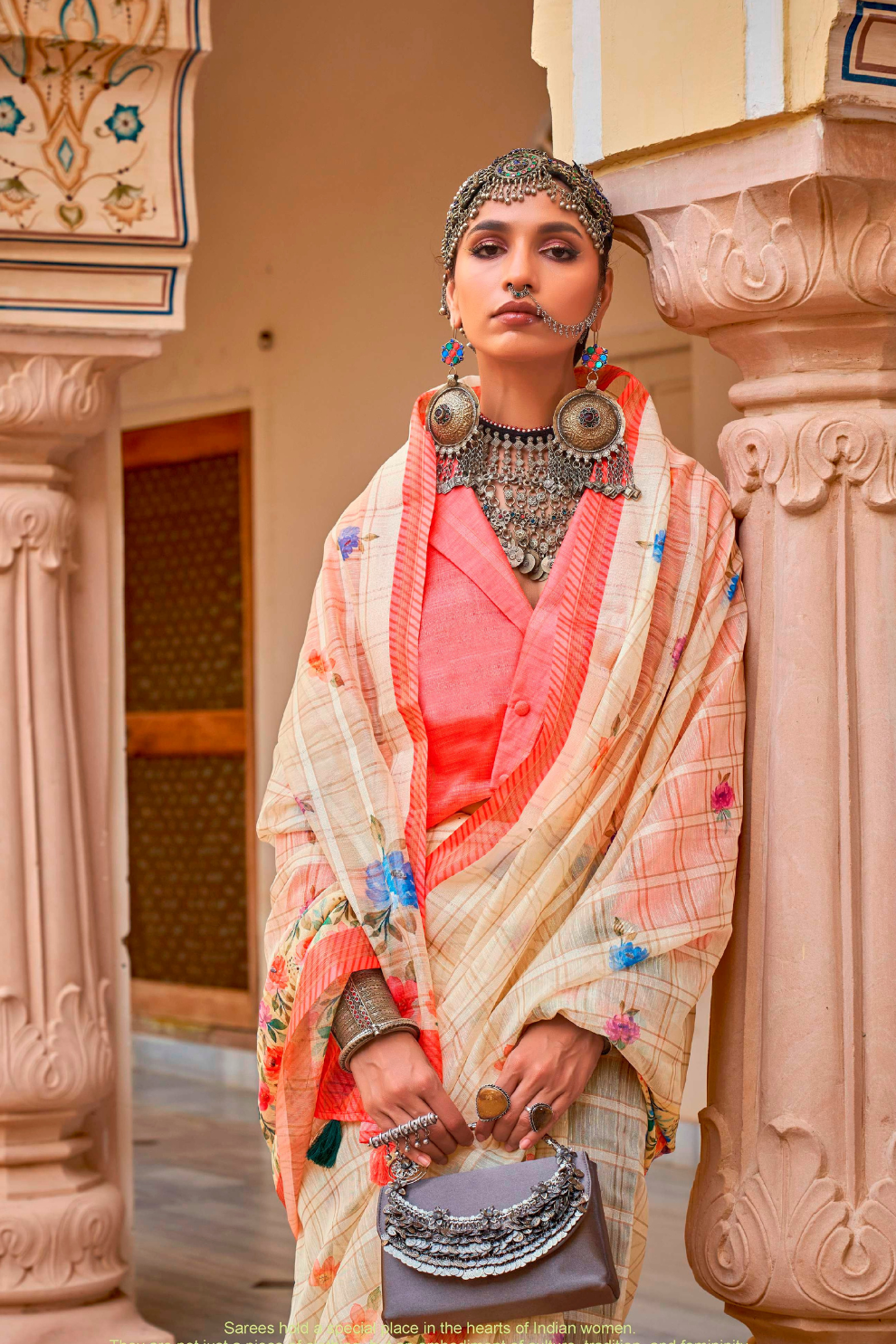 Graceful Linen Kora Saree with Woven Checks & Floral Elegance - LaVante Fashion