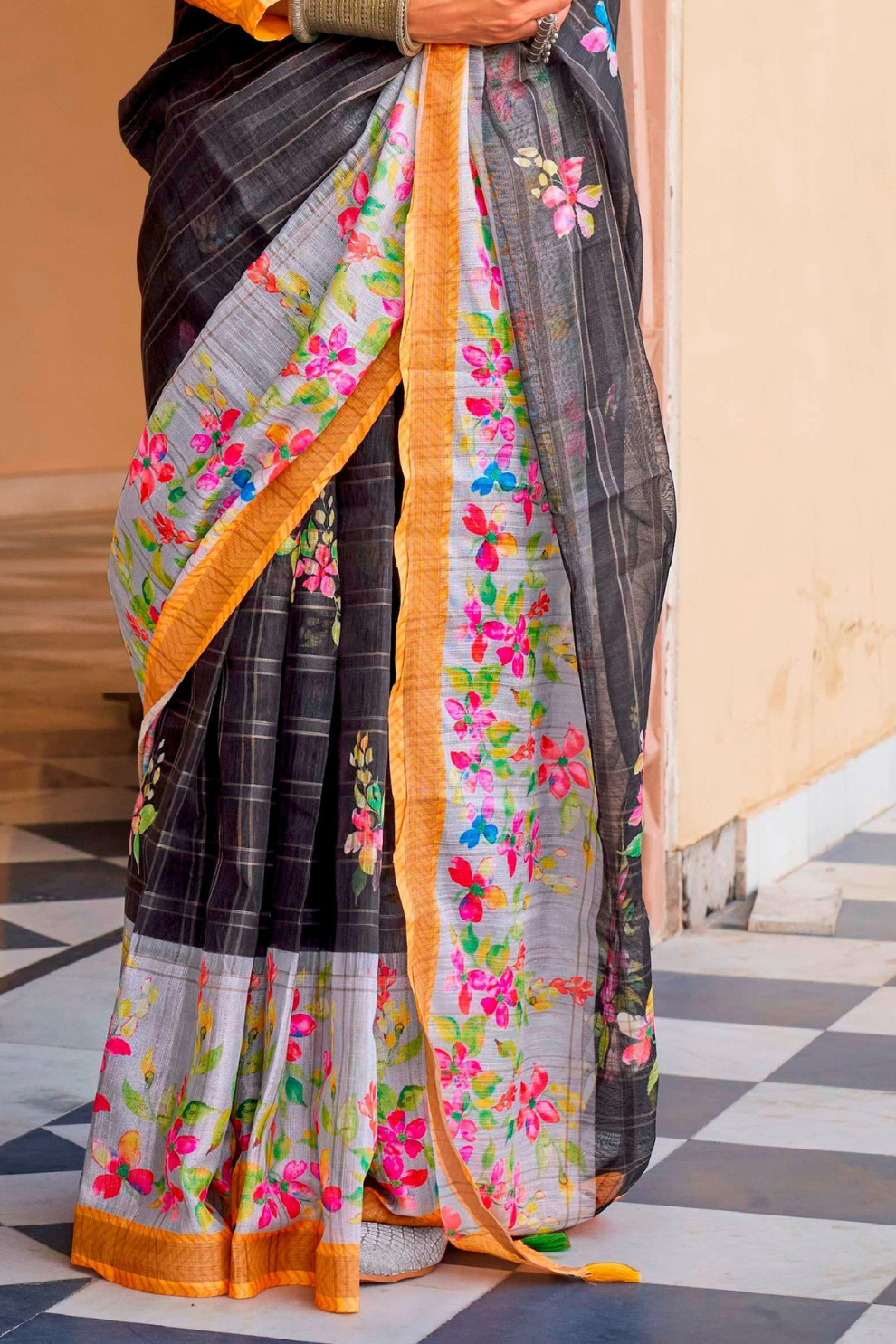 Graceful Linen Kora Saree with Woven Checks & Floral Elegance - LaVante Fashion