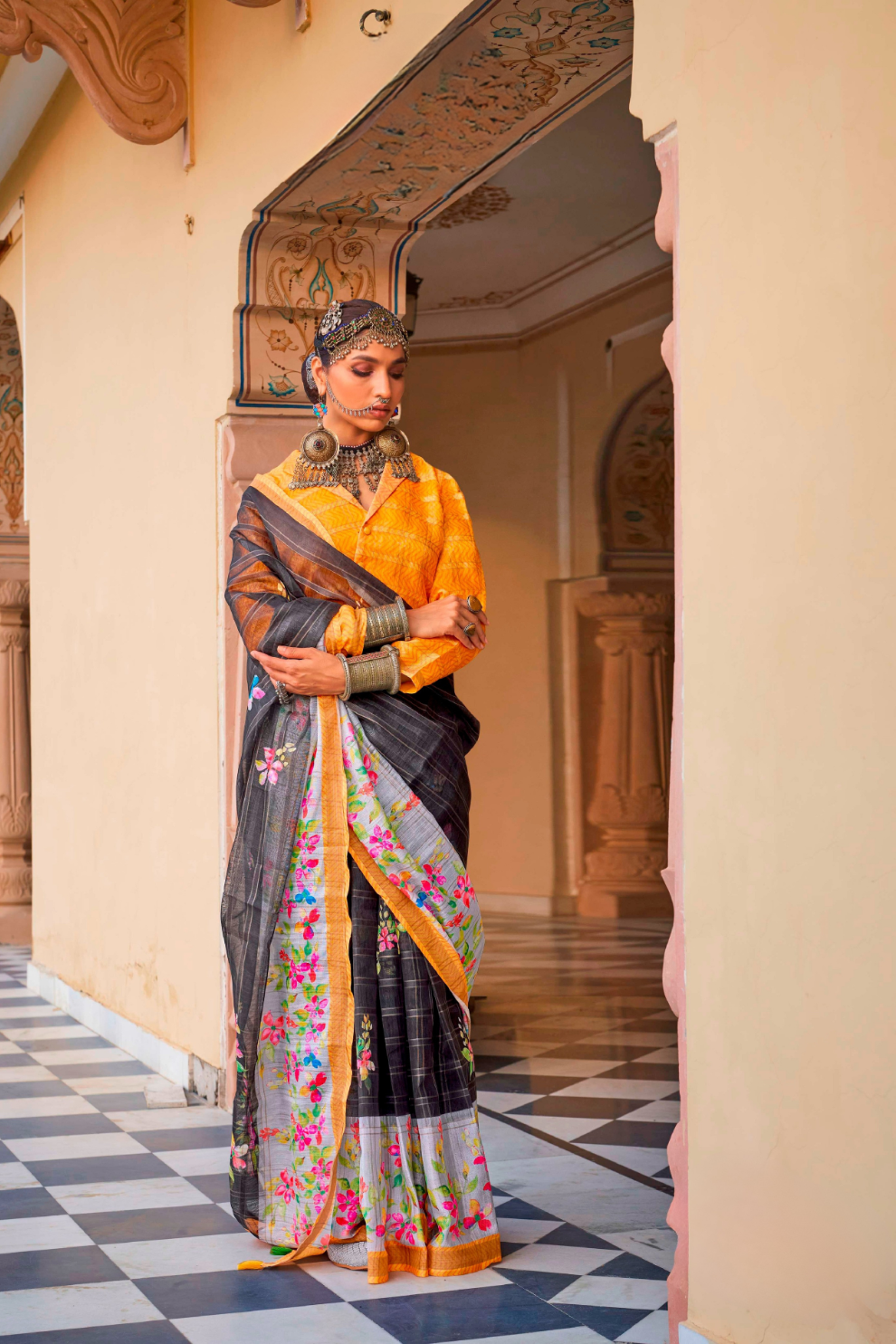 Graceful Linen Kora Saree with Woven Checks & Floral Elegance - LaVante Fashion
