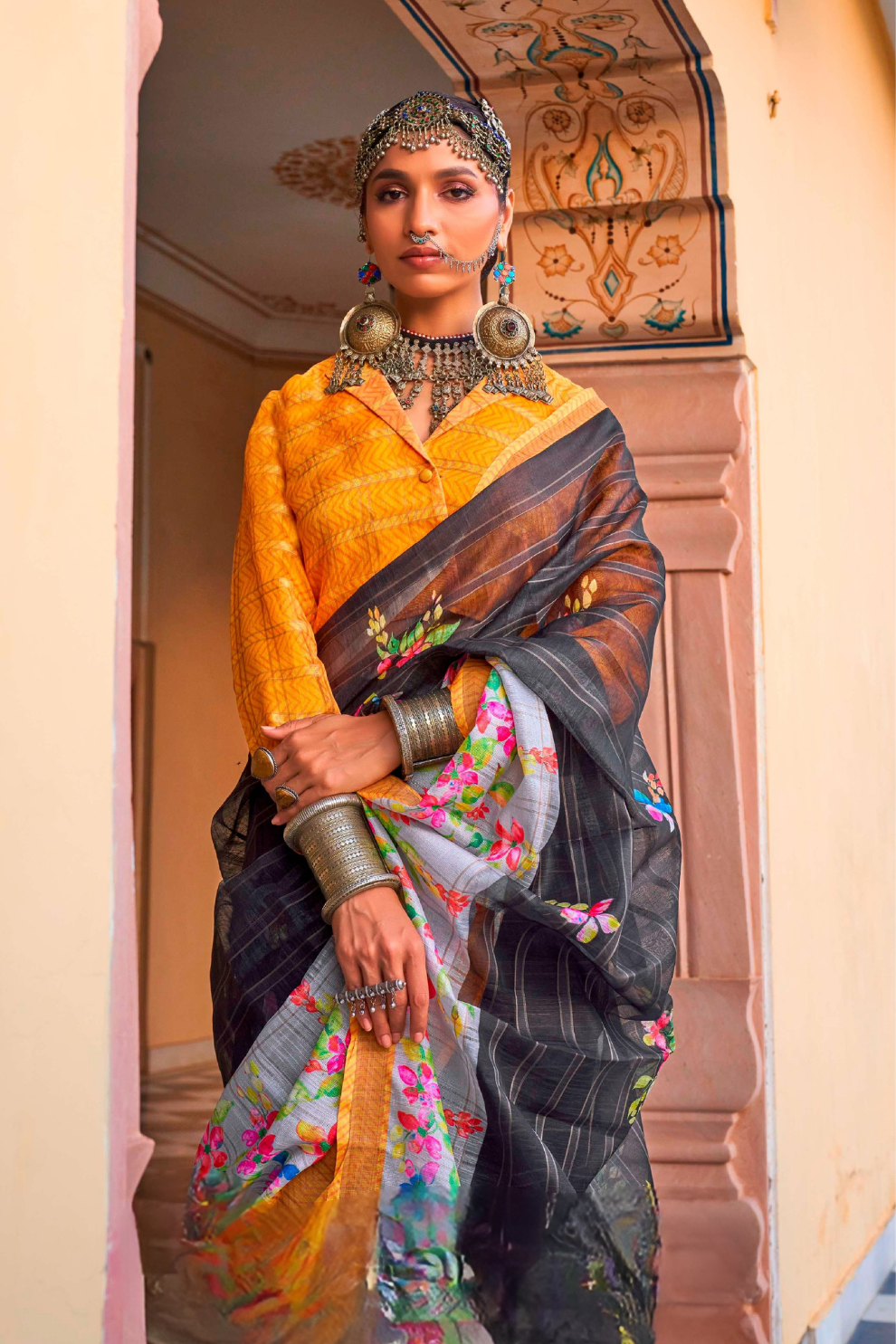 Graceful Linen Kora Saree with Woven Checks & Floral Elegance - LaVante Fashion