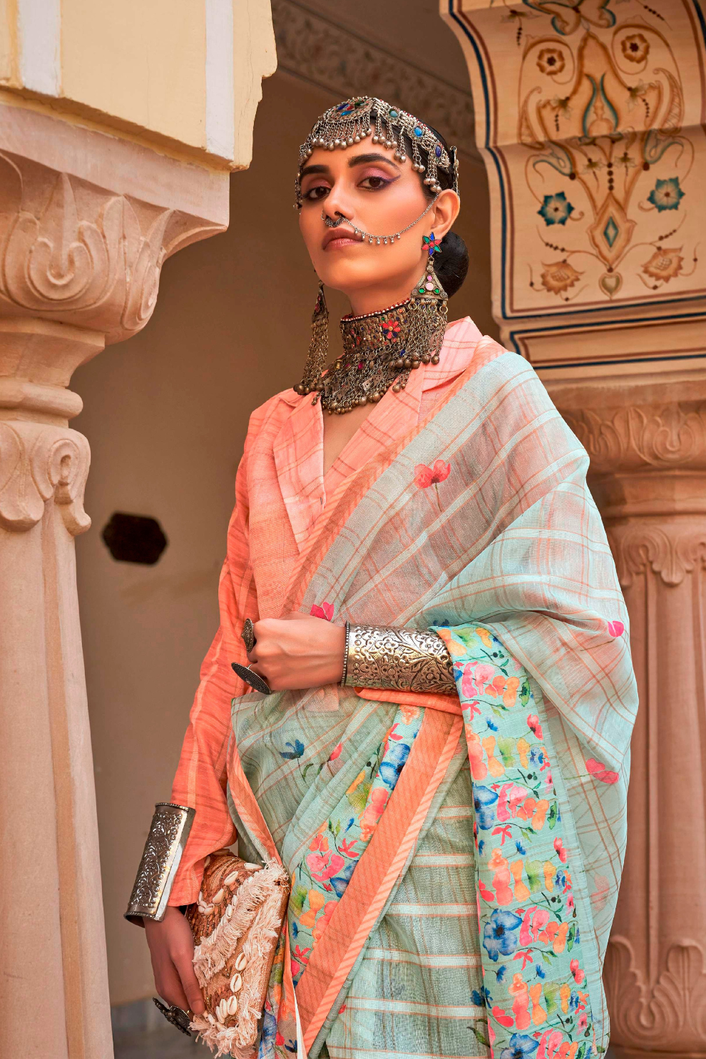 Graceful Linen Kora Saree with Woven Checks & Floral Elegance - LaVante Fashion