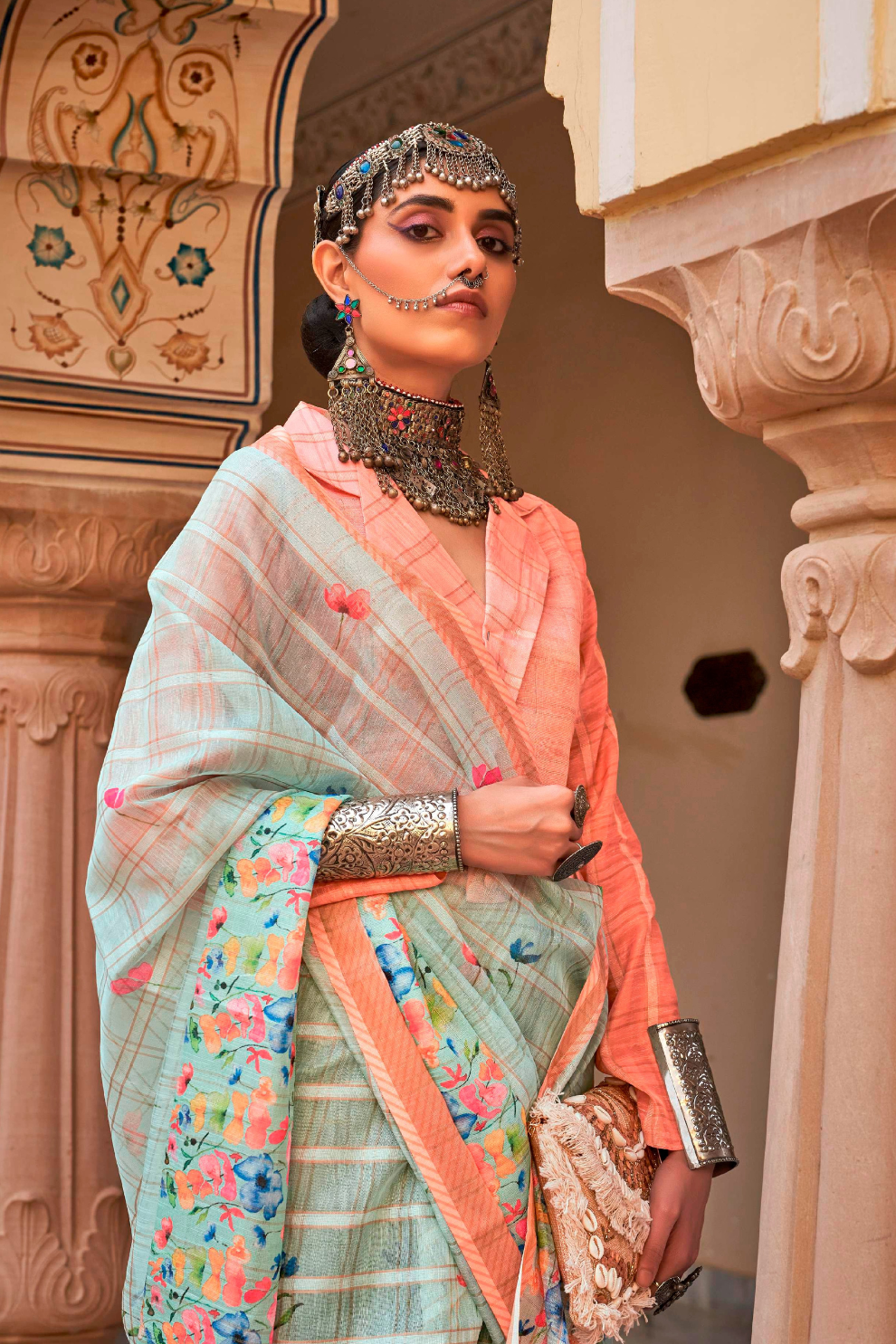 Graceful Linen Kora Saree with Woven Checks & Floral Elegance - LaVante Fashion