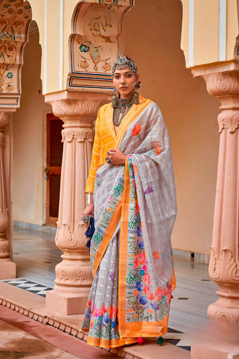 Graceful Linen Kora Saree with Woven Checks & Floral Elegance - LaVante Fashion