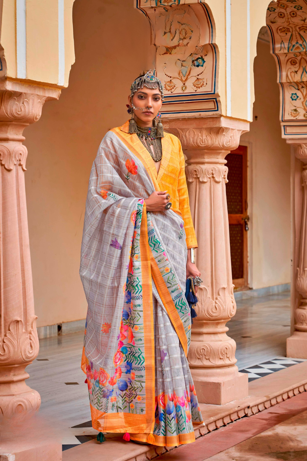 Graceful Linen Kora Saree with Woven Checks & Floral Elegance - LaVante Fashion
