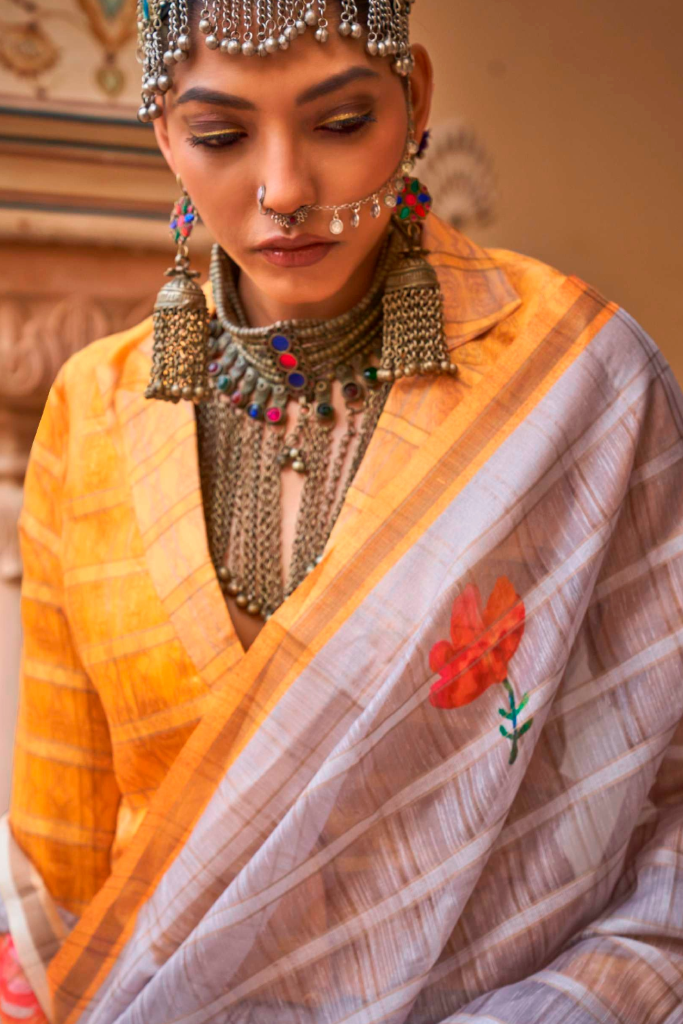 Graceful Linen Kora Saree with Woven Checks & Floral Elegance - LaVante Fashion