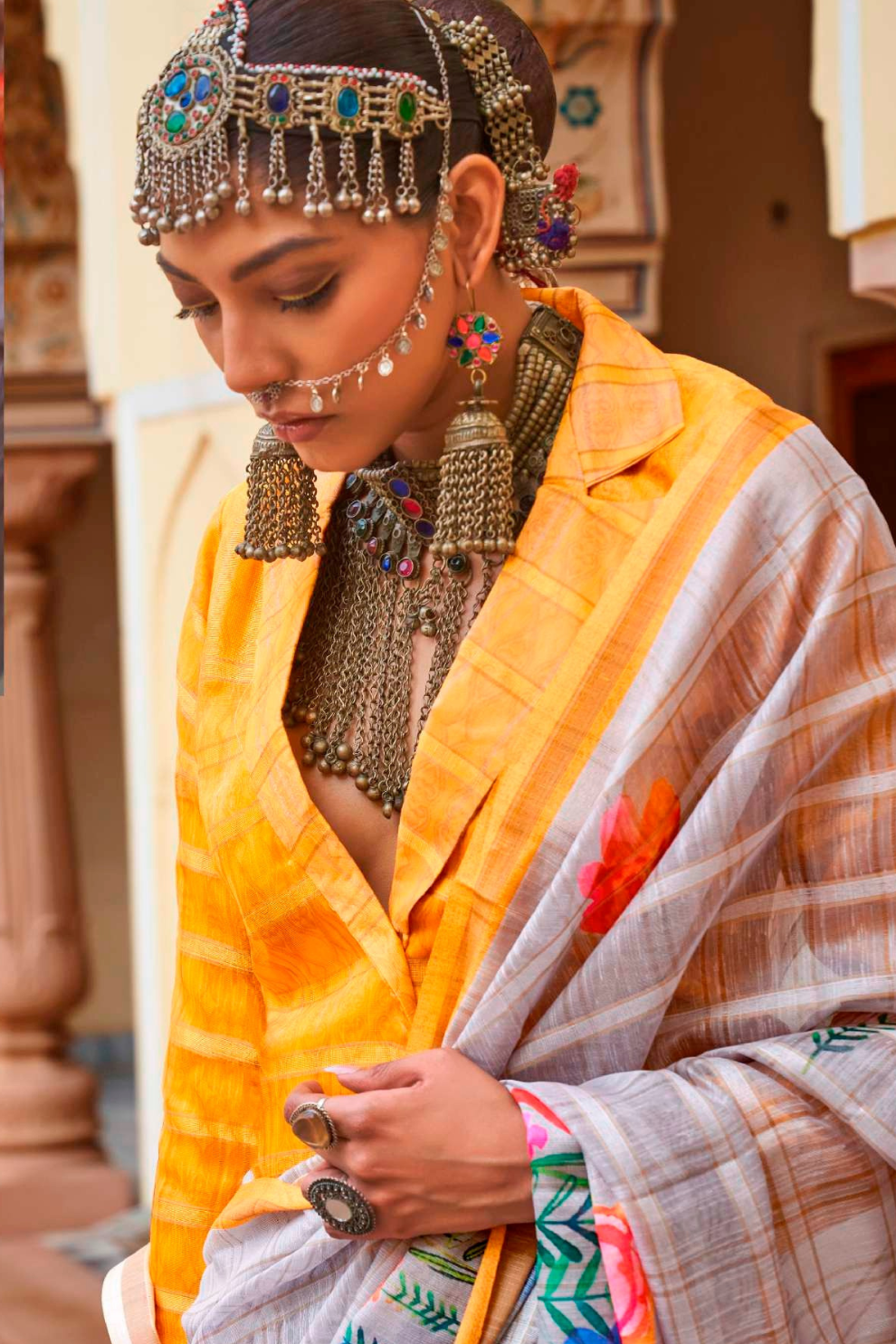 Graceful Linen Kora Saree with Woven Checks & Floral Elegance - LaVante Fashion