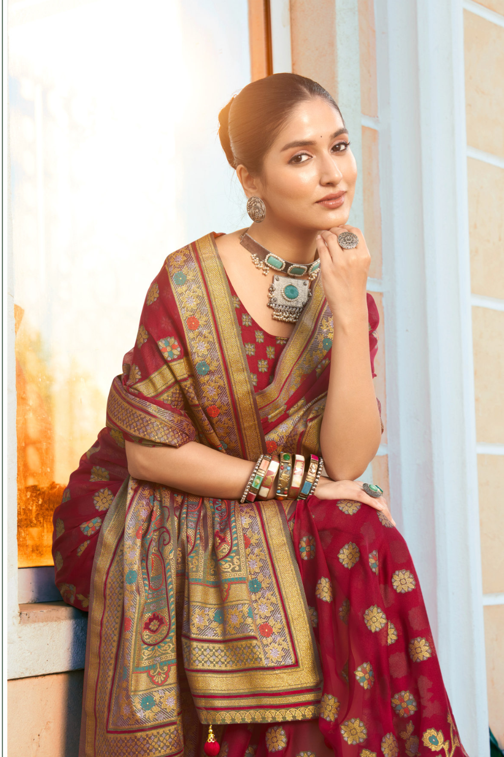 Luxury Polyester Viscose Georgette Saree with Burnout Traditional Design - LaVante Fashion