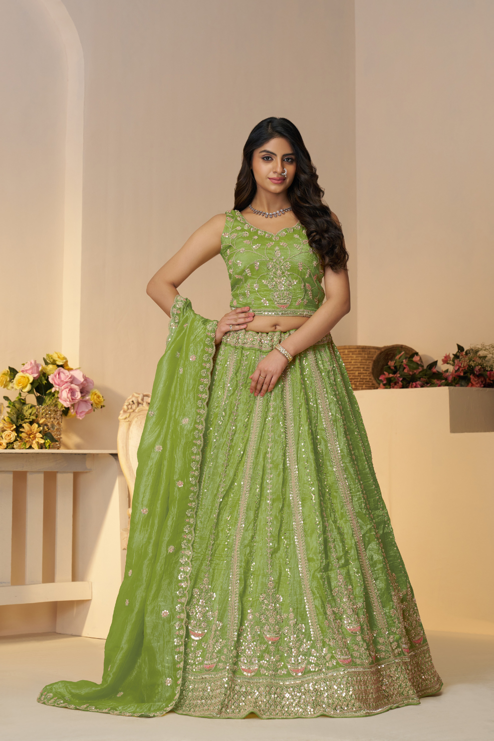 Elegant Designer Lehenga with Intricate Sequins and Cut Dana Detailing