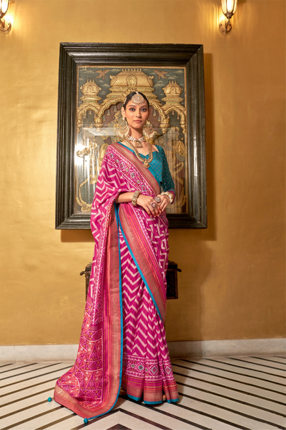 Gold Printed Patola Style Saree in Premium Sigma Silk