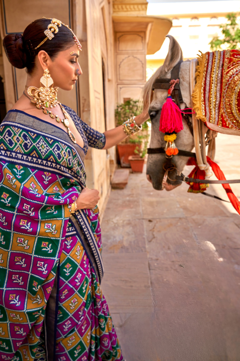 Elegant Patola Design Saree in Mercerized Silk with Gold Print