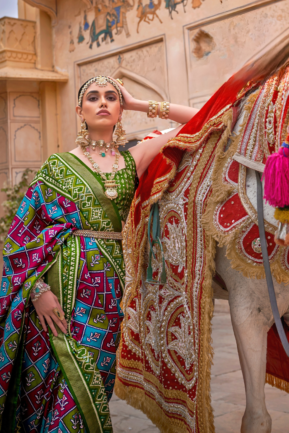 Elegant Patola Design Saree in Mercerized Silk with Gold Print