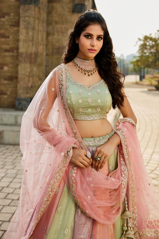 Soft Tissue Lehenga Choli Set with Coordinated Sequins Embroidery