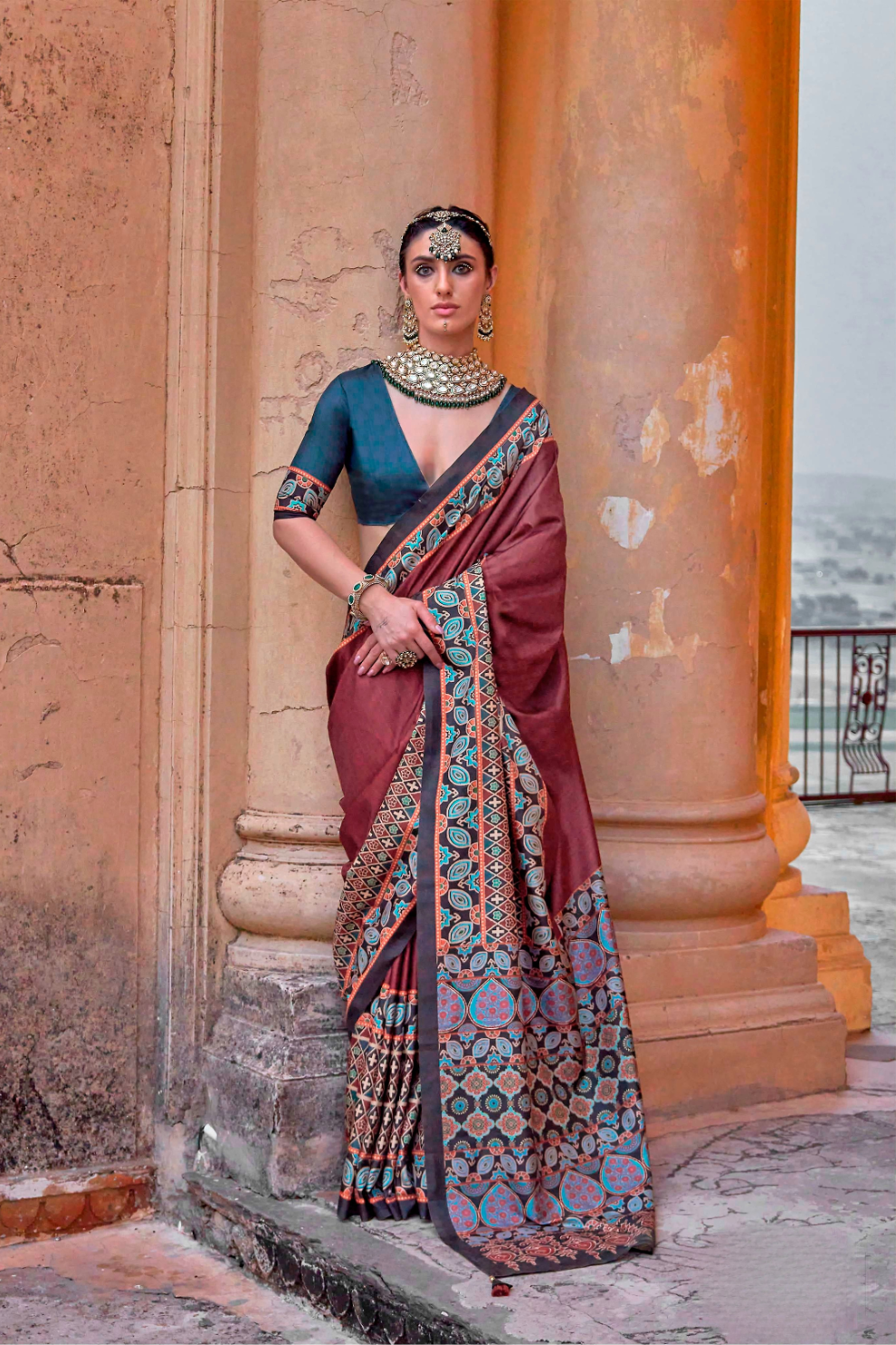 Polyester Viscose Silk Saree with Exclusive Ajrakh Print - LaVante Fashion