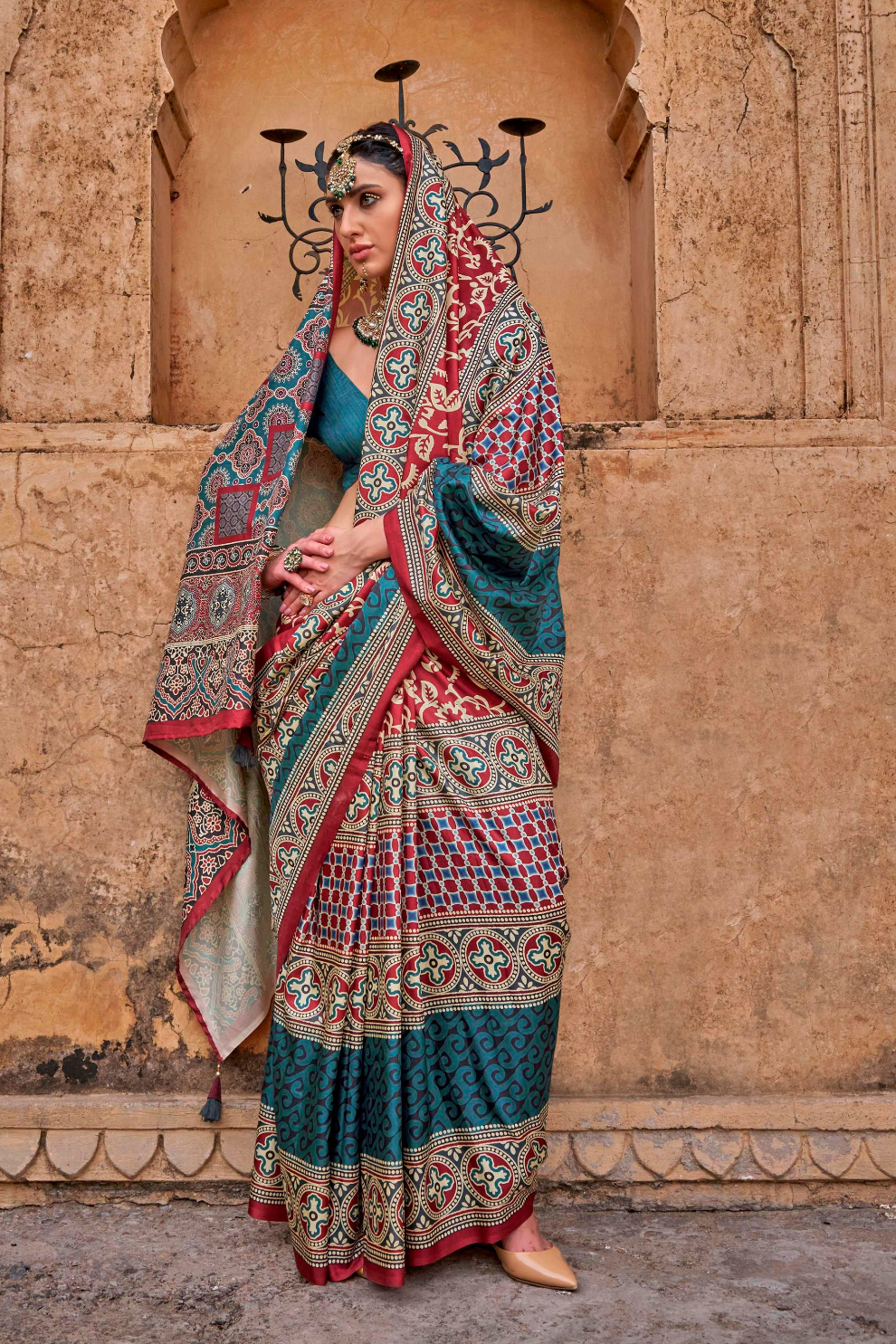 Polyester Viscose Silk Saree with Exclusive Ajrakh Print - LaVante Fashion