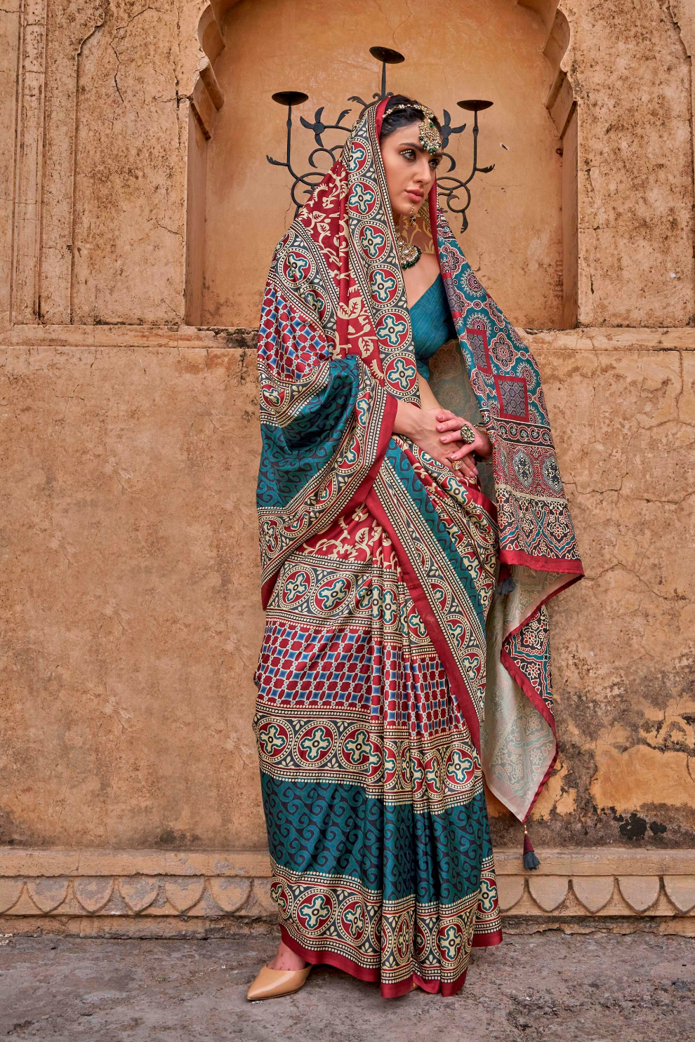 Polyester Viscose Silk Saree with Exclusive Ajrakh Print - LaVante Fashion