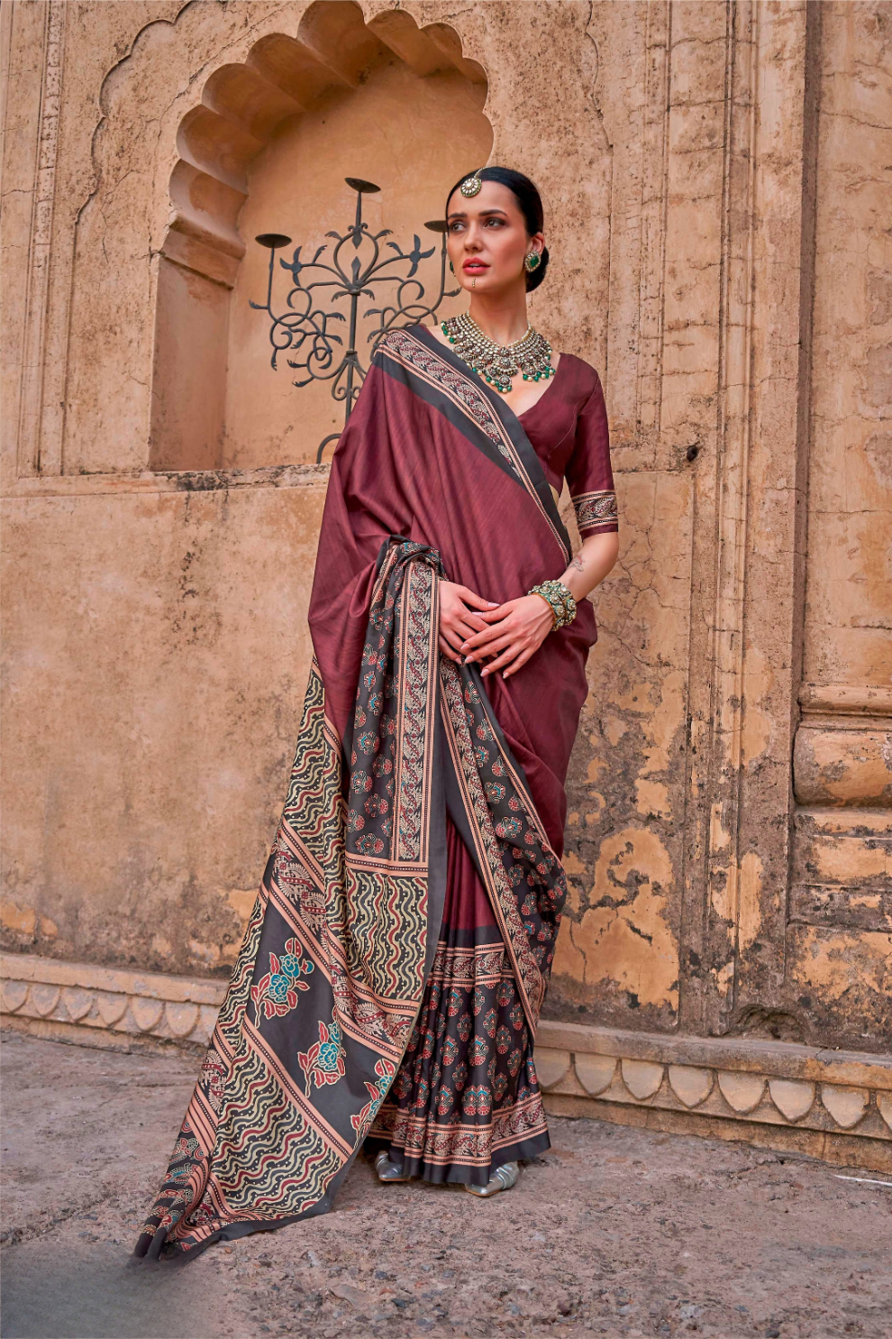 Polyester Viscose Silk Saree with Exclusive Ajrakh Print - LaVante Fashion