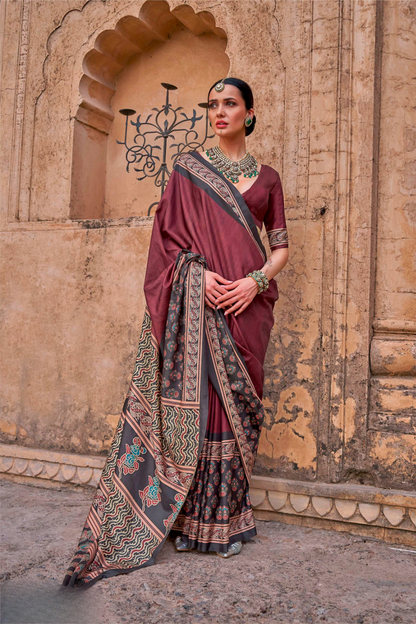 Polyester Viscose Silk Saree with Exclusive Ajrakh Print - LaVante Fashion