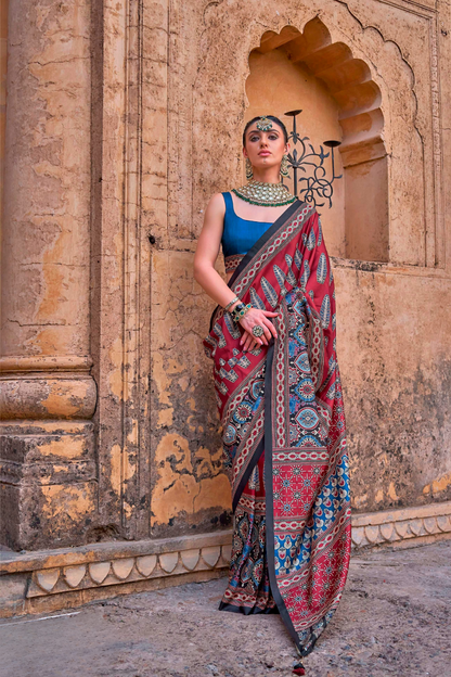Polyester Viscose Silk Saree with Exclusive Ajrakh Print - LaVante Fashion