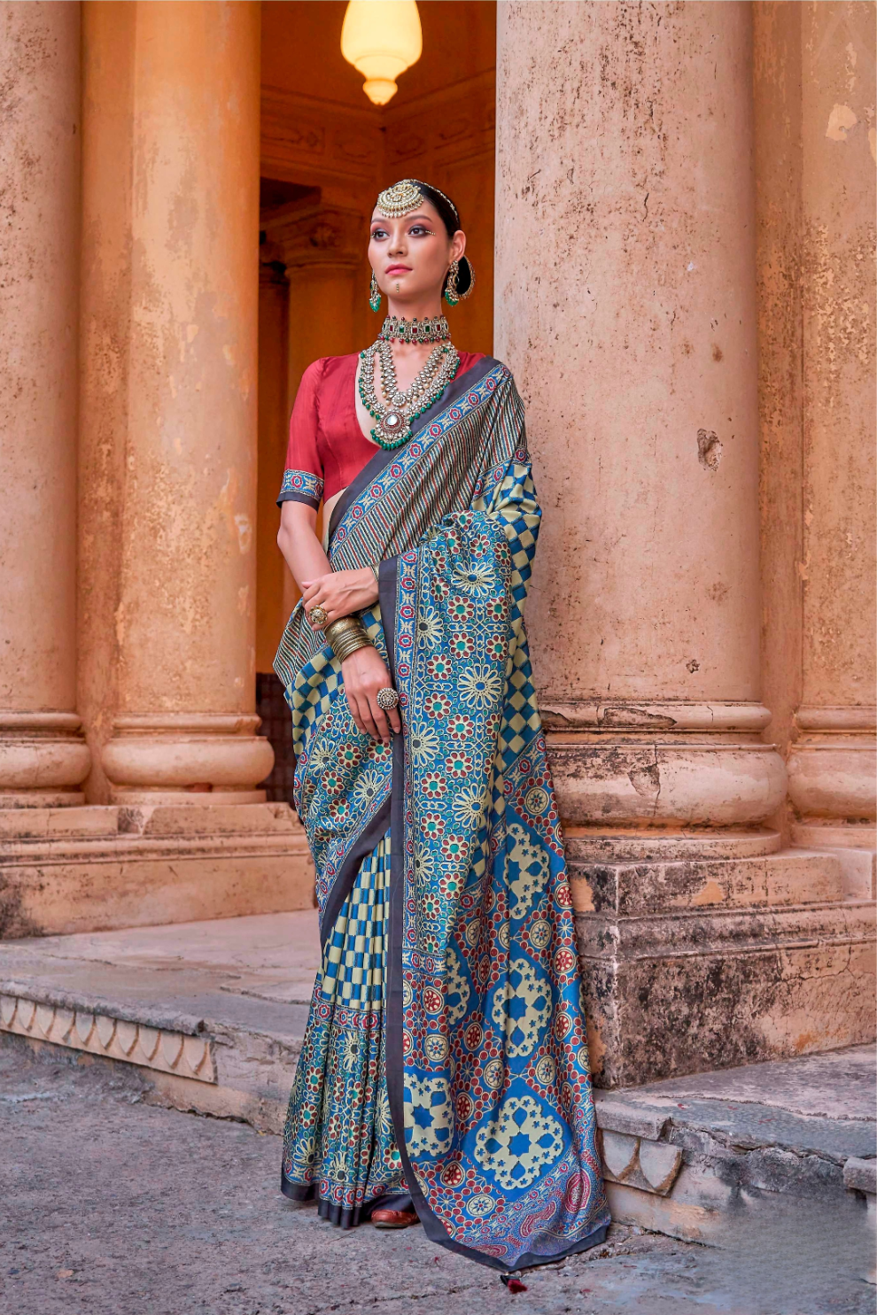 Polyester Viscose Silk Saree with Exclusive Ajrakh Print - LaVante Fashion