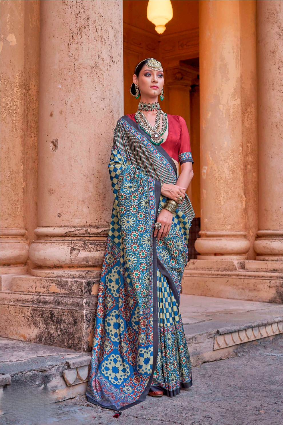 Polyester Viscose Silk Saree with Exclusive Ajrakh Print - LaVante Fashion