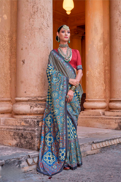 Polyester Viscose Silk Saree with Exclusive Ajrakh Print - LaVante Fashion