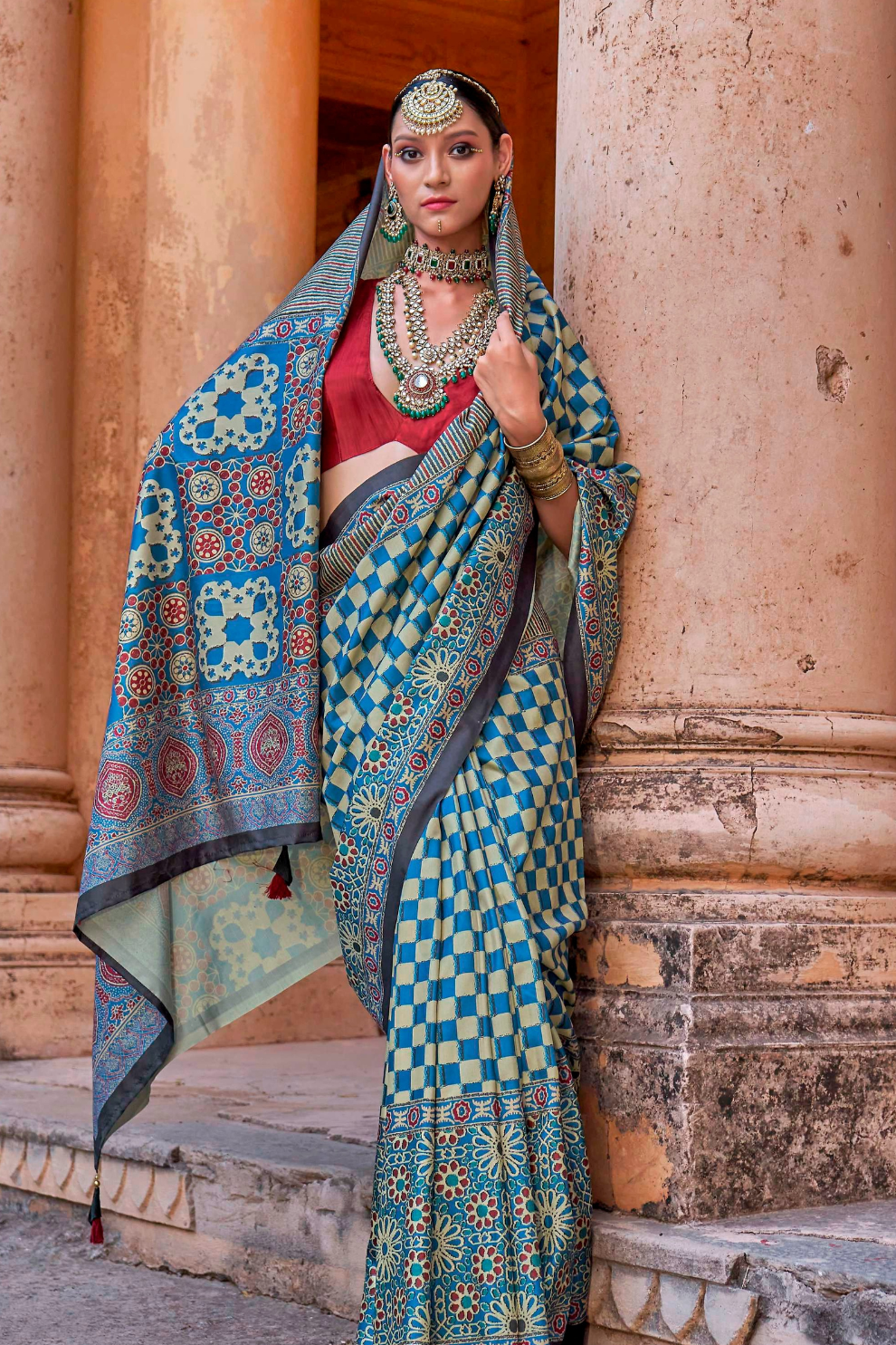 Polyester Viscose Silk Saree with Exclusive Ajrakh Print - LaVante Fashion