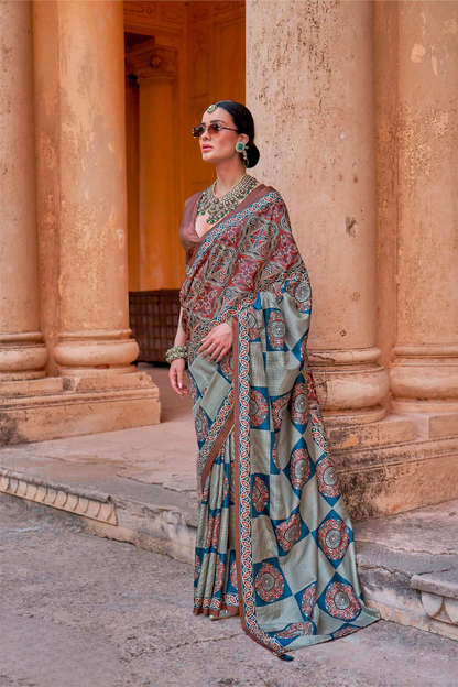 Polyester Viscose Silk Saree with Exclusive Ajrakh Print - LaVante Fashion