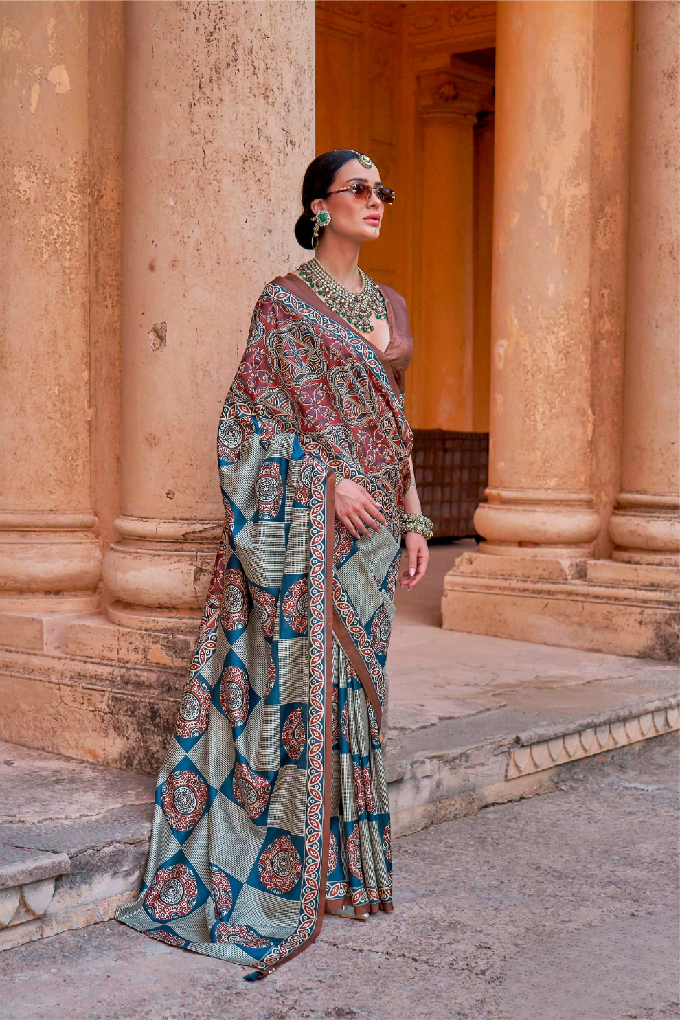 Polyester Viscose Silk Saree with Exclusive Ajrakh Print - LaVante Fashion