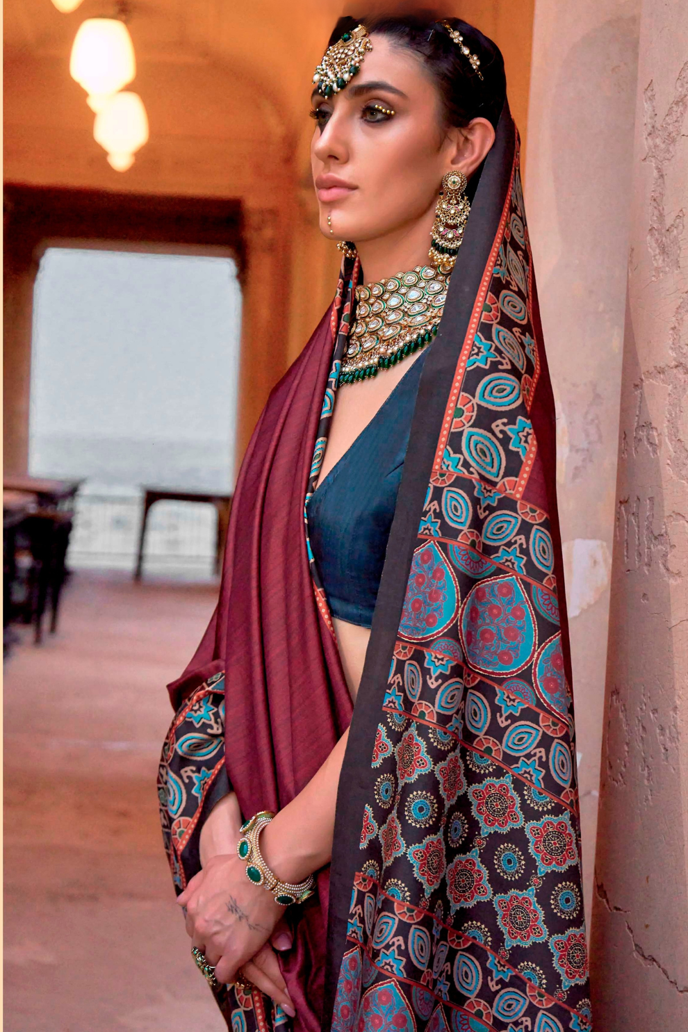 Polyester Viscose Silk Saree with Exclusive Ajrakh Print - LaVante Fashion