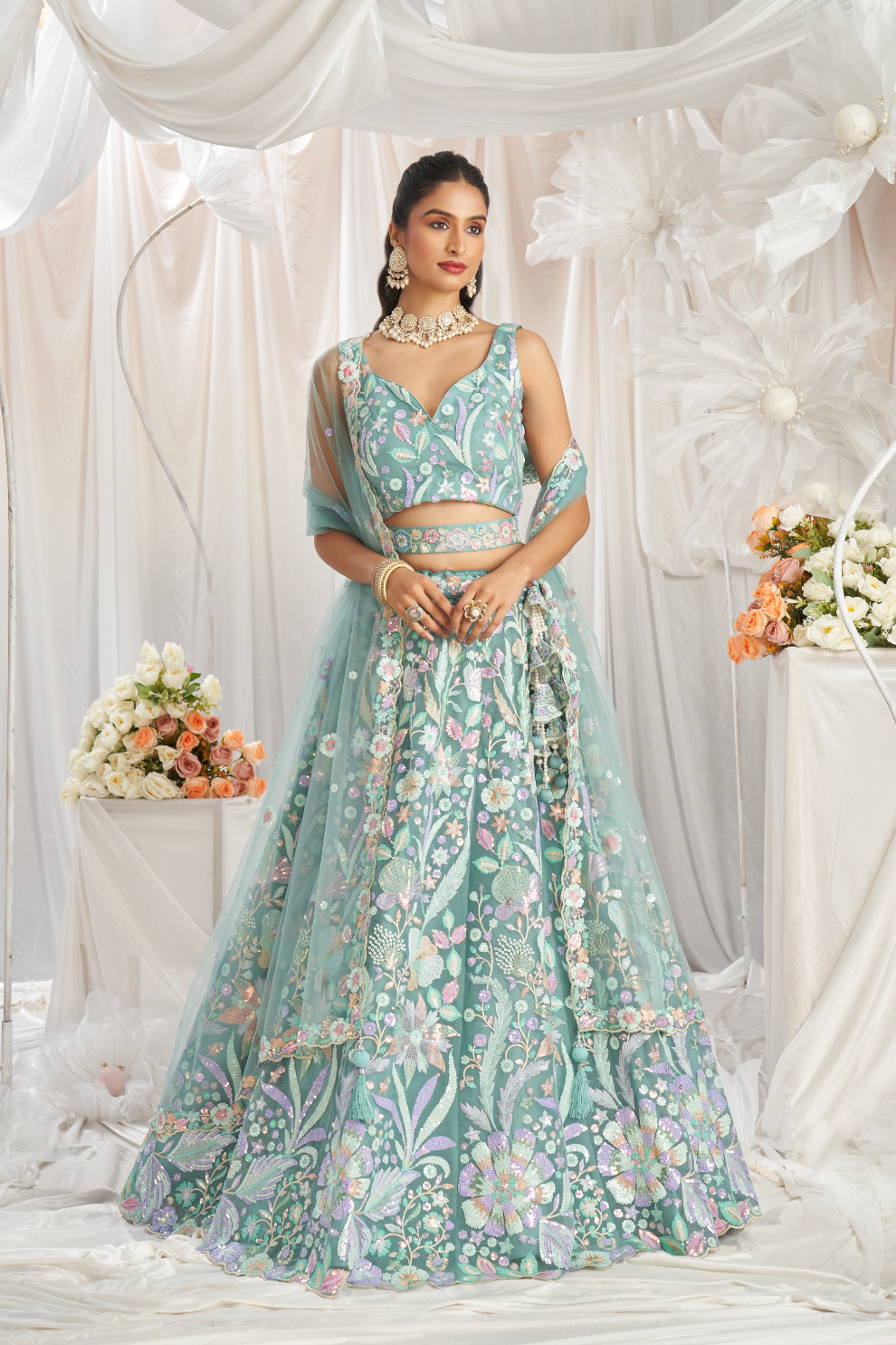 Graceful Net Semi-Stitched Lehenga Choli With Sequin Detailing