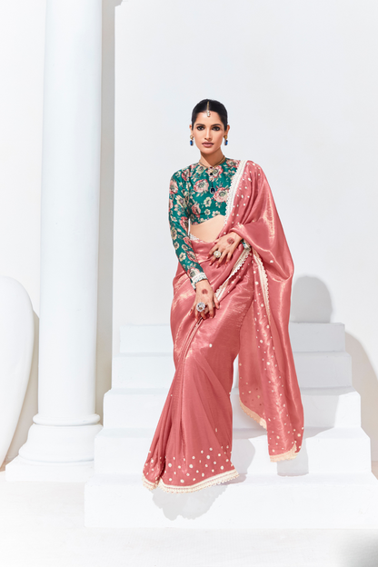 Elegant Tissue Saree with Sequins and Thread Embroidery Work