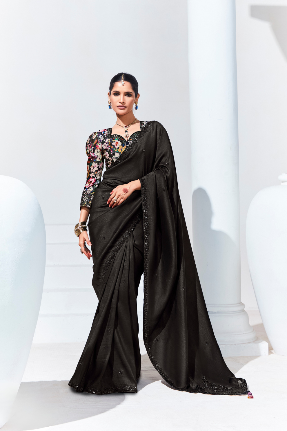 Elegant Tissue Saree with Sequins and Thread Embroidery Work