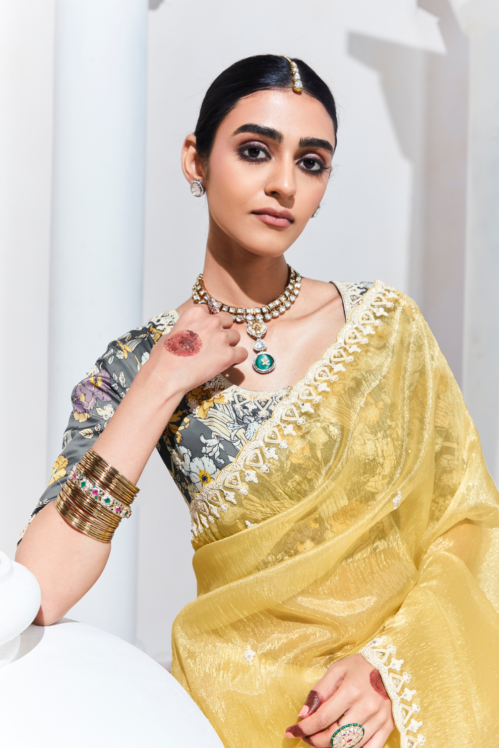 Elegant Tissue Saree with Sequins and Thread Embroidery Work