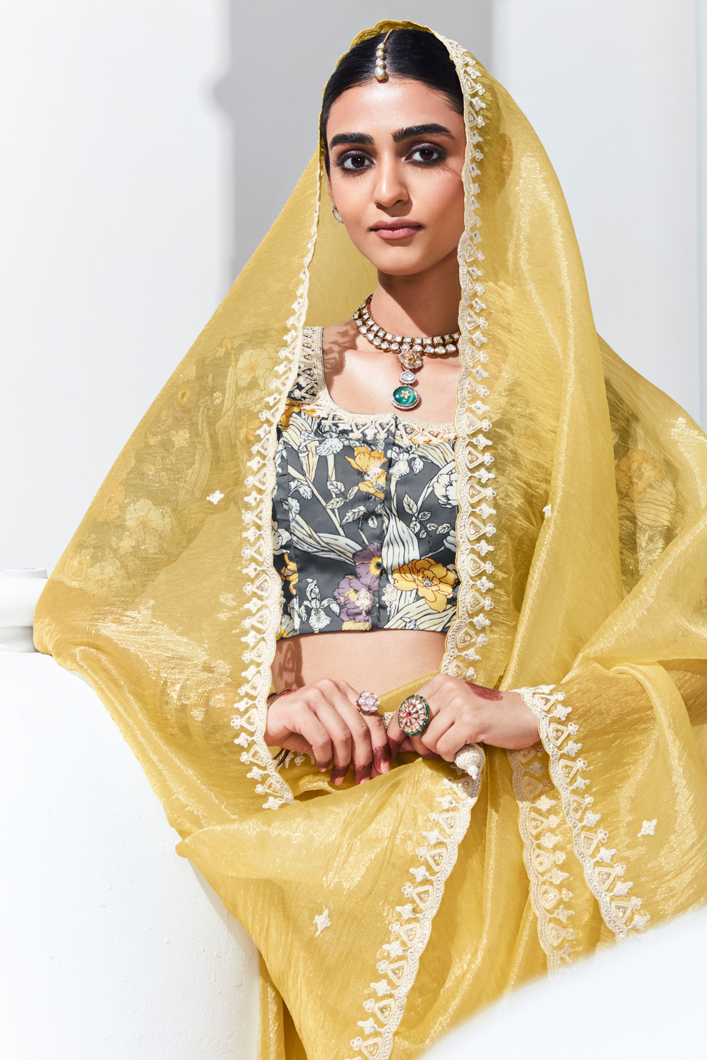 Elegant Tissue Saree with Sequins and Thread Embroidery Work