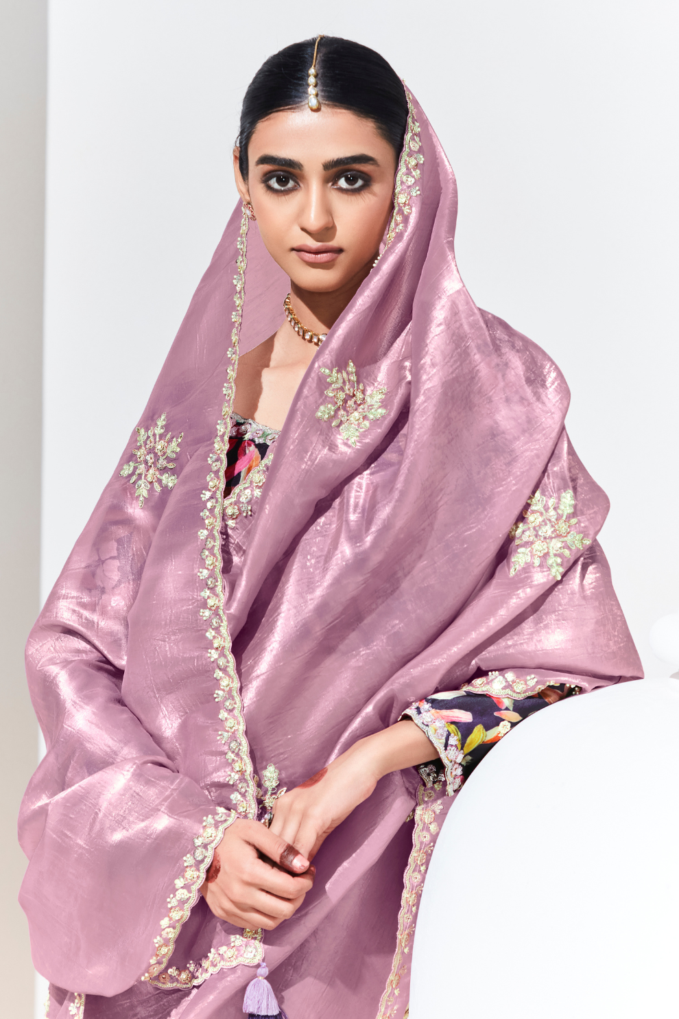Elegant Tissue Saree with Sequins and Thread Embroidery Work