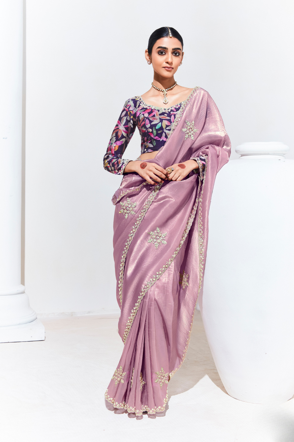 Elegant Tissue Saree with Sequins and Thread Embroidery Work