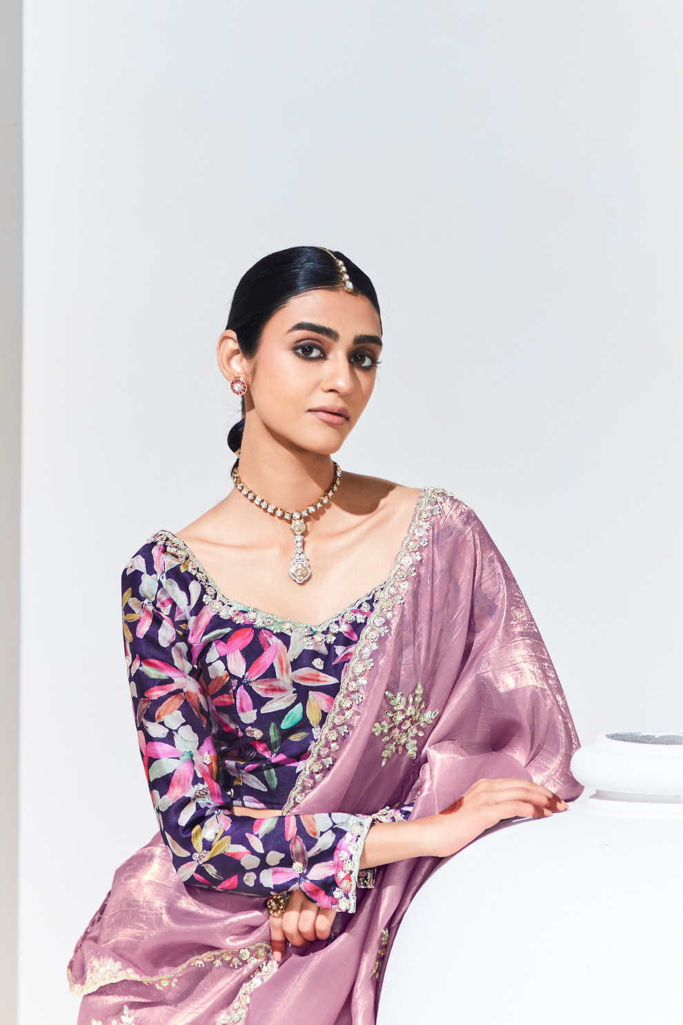 Elegant Tissue Saree with Sequins and Thread Embroidery Work