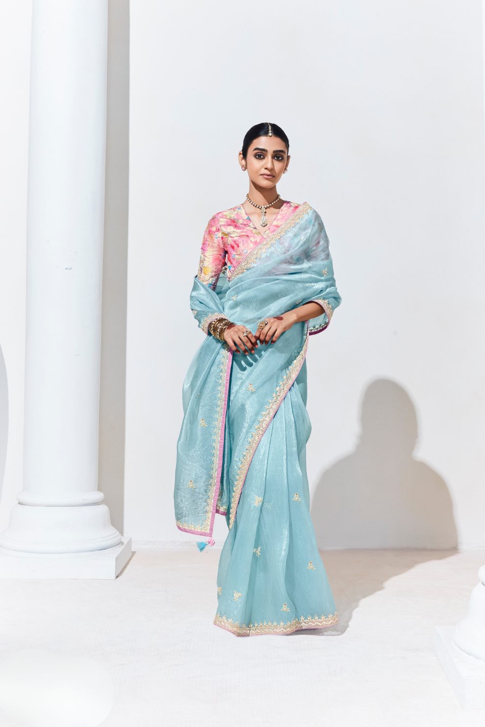 Elegant Tissue Saree with Sequins and Thread Embroidery Work