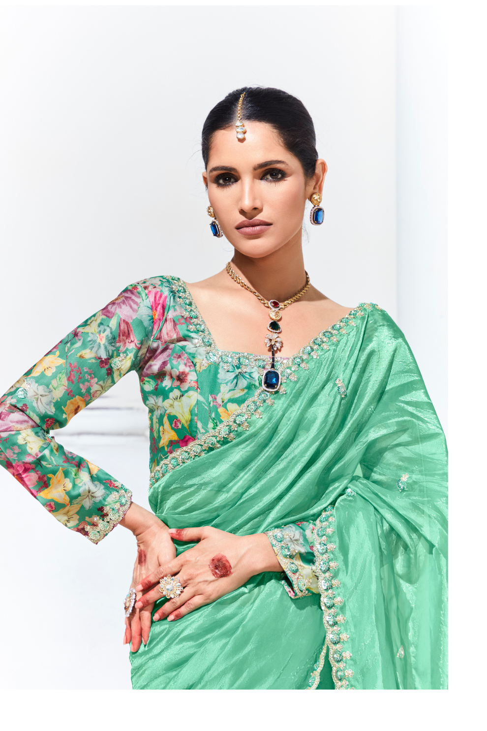 Elegant Tissue Saree with Sequins and Thread Embroidery Work