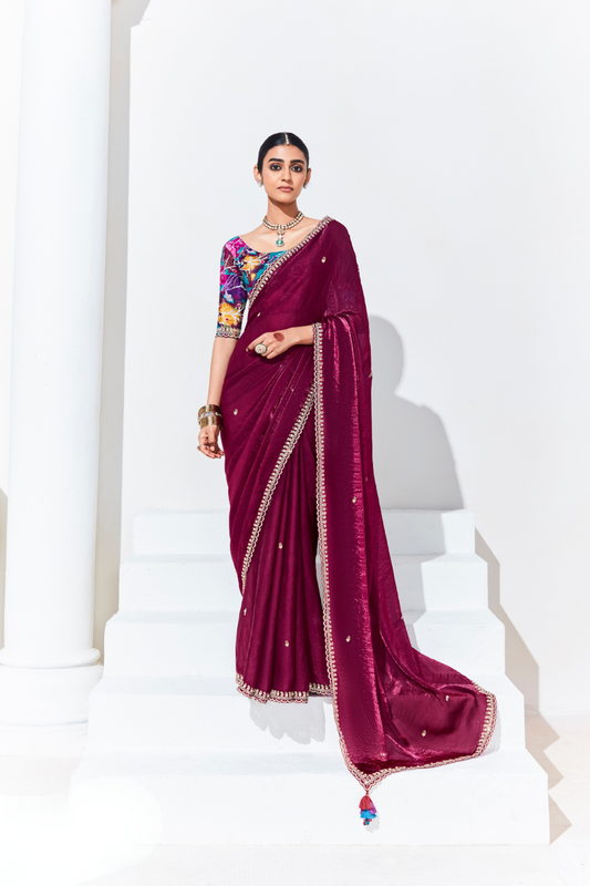 Elegant Tissue Saree with Sequins and Thread Embroidery Work