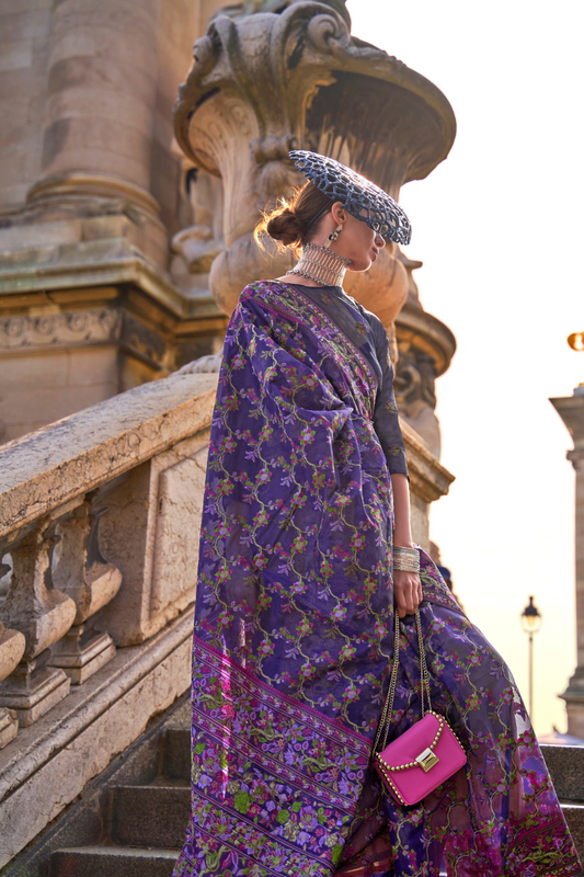 Organza Parsi Handloom Weaving Silk Saree with Delicate Heritage Detailing