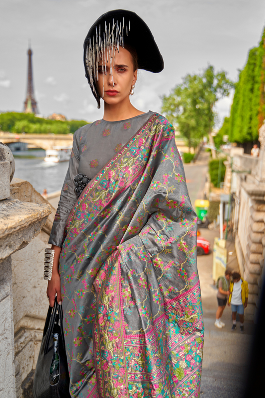 Organza Parsi Handloom Weaving Silk Saree with Delicate Heritage Detailing